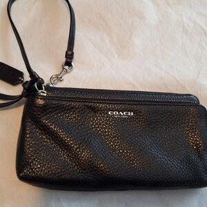 Coach Black Pebble Leather Double Zipper Wristlet.